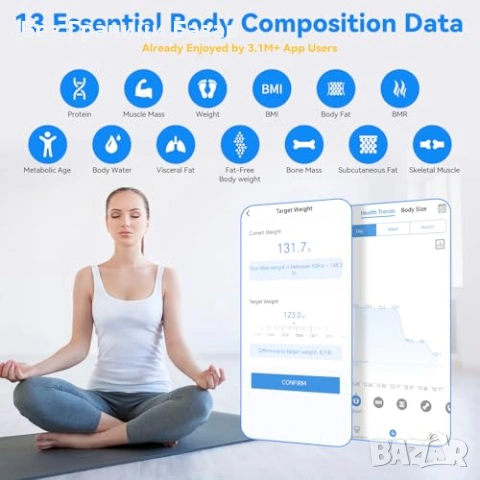 Нов Смарт кантар за баня 0.05 кг точност – 182 кг, анализ на тяло, приложение, снимка 5 - Други стоки за дома - 53665797