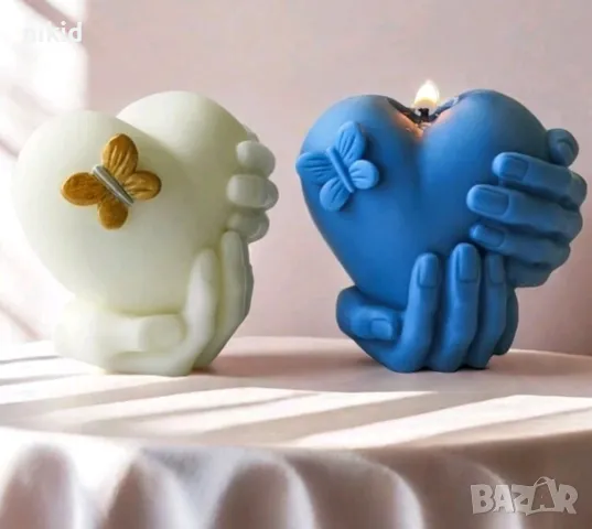 3d 2 Ръце държащи сърце с пеперуда голям силиконов молд форма фондан шоколад гипс свещ смола сапун, снимка 3 - Форми - 48985797