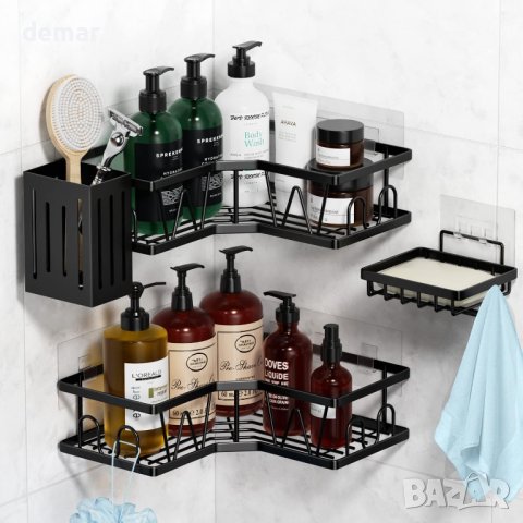Aomeya Corner Shower Caddy, 4 залепващи рафтове за баня, черни
