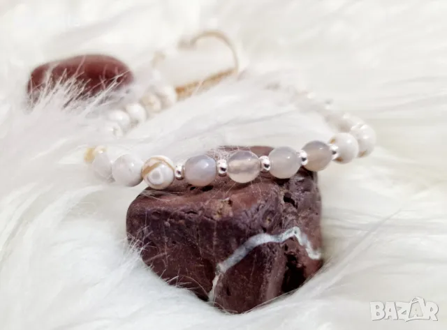 Гривна със сребърни елементи и естествени камъни , снимка 2 - Гривни - 50412662