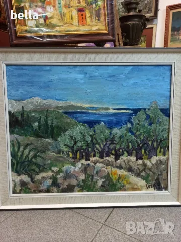 Голяма авторска картина -Пейзаж-масло върху фазер рамкирана и подписана 1969 год., снимка 8 - Картини - 47316322