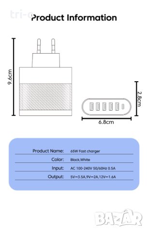 Olaf 65W 5 USB порта + 1 Type-c зарядно устройство, снимка 3 - Оригинални зарядни - 41786937