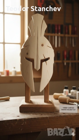 Ръчно изработен дървен спартански шлем (Колекционерски макет)