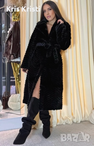 Черно пухкаво дълго палто, снимка 2 - Палта, манта - 52102517
