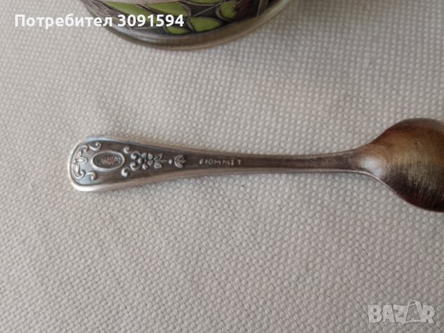 Руски мелхиорен съд за хайвер ,сол,със  емайл оригинална лъжичка, снимка 3 - Антикварни и старинни предмети - 41610950