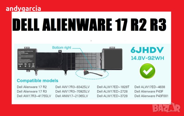 Dell Alienware 17 R2 R3 - 92Wh 14.8V чисто нова батерия P43F P43F001 5046J YKWXX battery, снимка 2 - Други - 42652166