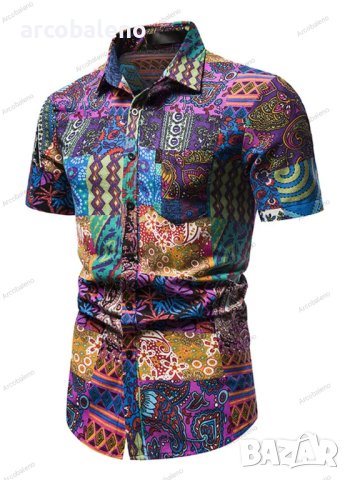 Мъжки лятна модна риза с щампи с къс ръкав, снимка 1 - Ризи - 41423556