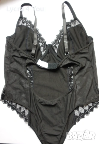 XL ново черно боди с еко кожа, дантела и тюл, снимка 7 - Бельо - 53375863