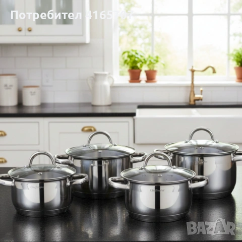 Комплект тенджери Cheffinger – 8 части инокс с капаци, за всички видове котлони, снимка 5 - Съдове за готвене - 53150717