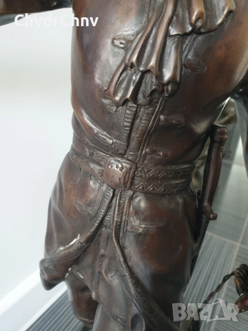 65см-12кг статуетка/стара английска бронзова скулптура/голяма фигура на ловец с куче, снимка 7 - Статуетки - 52755927