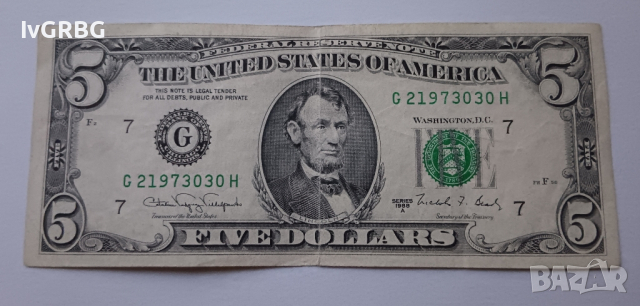 5 долара САЩ 1988 , стария вид ,,Малка глава" Банкнота от САЩ , снимка 1