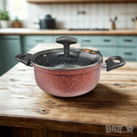 Тенджера Rosberg, 22 см, 4.3 л, Мраморно незалепващо покритие, Индукция, Бордо Меланж, снимка 3 - Съдове за готвене - 52507453
