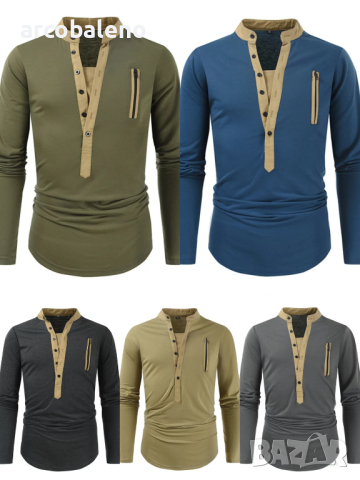 Мъжка тактическа тениска с дълъг ръкав с цип с цветни блокчета и яка Henley, 5цвята 