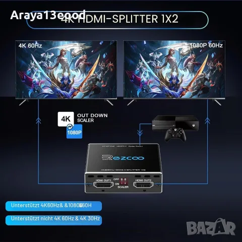 HDMI Splitter 1 към 2 изхода, 4K 60Hz HDR, Dolby Vision и Dolby Atmos, снимка 3 - Други - 55799870