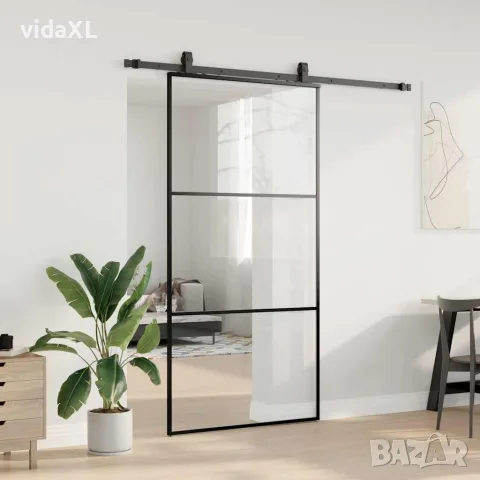 vidaXL Плъзгаща се врата с механизъм черна 102x205 см ESG стъкло, снимка 3 - Интериорни врати - 56147127