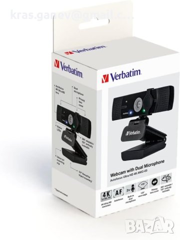 Оригинална Verbatim уеб камера с двоен микрофон, външна камера за компютър или лаптоп с Ultra HD 4K , снимка 8 - Камери - 41461913