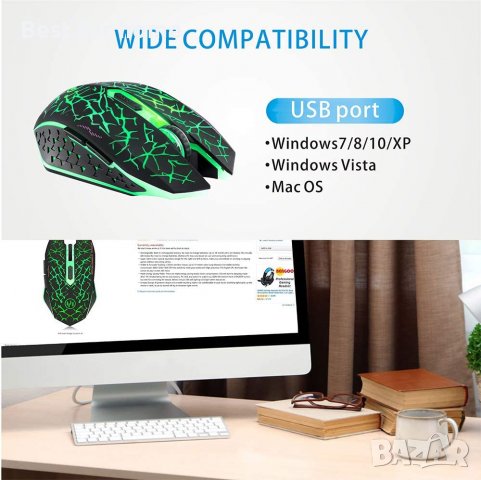  LED оптична гейминг мишка с USB приемник, 3 регулируеми DPI нива и 6 бутона,акумулаторна,безшумна, снимка 2 - Клавиатури и мишки - 40006796
