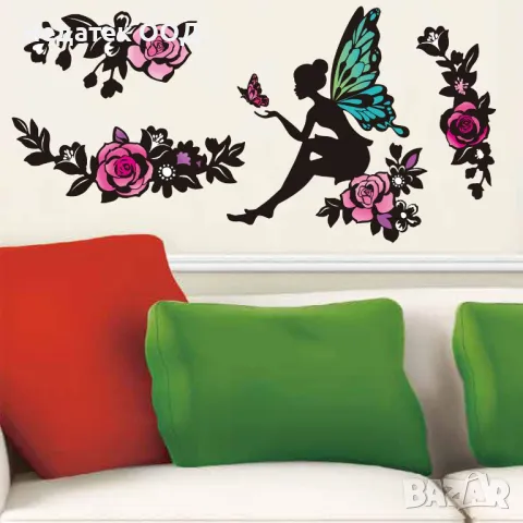 Стикери за стена, Фея, Цветя, Пеперуди, 20x30 см, снимка 2 - Декорация за дома - 47402699