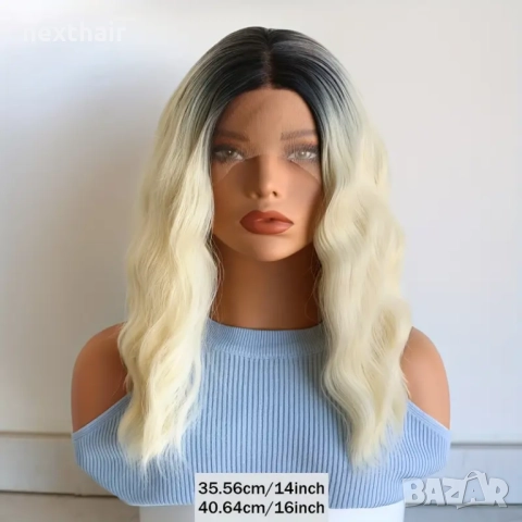 Елегантна светло руса омбре дантелена перука с черни корени на път, снимка 3 - Аксесоари за коса - 51542284