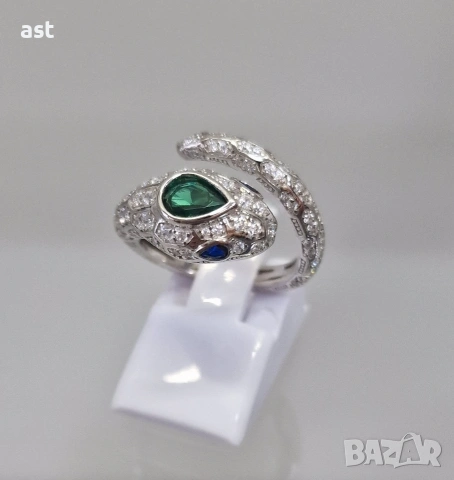 Сребърен пръстен змия с цирконий, снимка 4 - Пръстени - 53616343