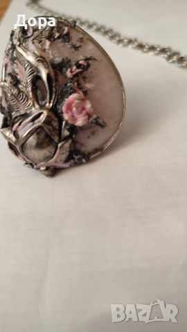 Красиво винтидж колие и пръстен от естествен розов камък, снимка 3 - Колиета, медальони, синджири - 36171733