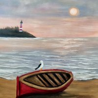 Морски пейзаж с чайка и лодка маслена картина , снимка 1 - Картини - 41758683
