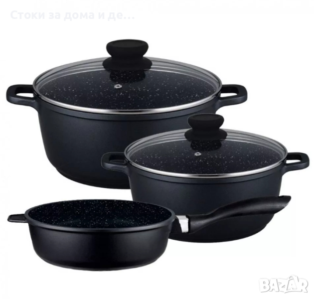 ✨Комплект тенджери и тиган ZEPHYR ZP 4318 M5, 5 части, Мраморно покритие, Индукция, Черен , снимка 1