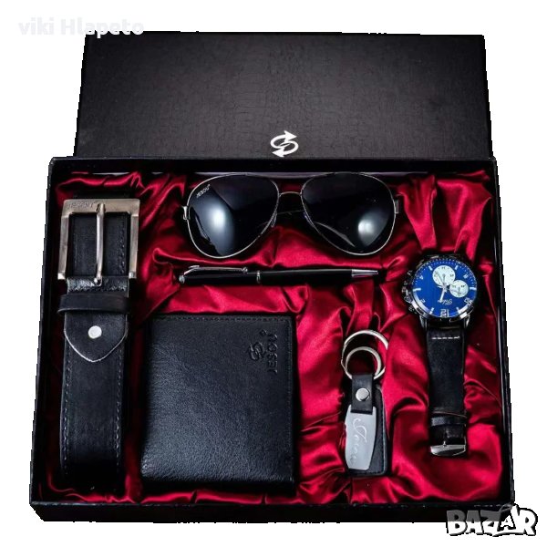 Подарък Бизнес Луксозен фирмен мъжки комплект 6 в 1 +Часовник Очила Химикалка Ключодържател Колан 13, снимка 1