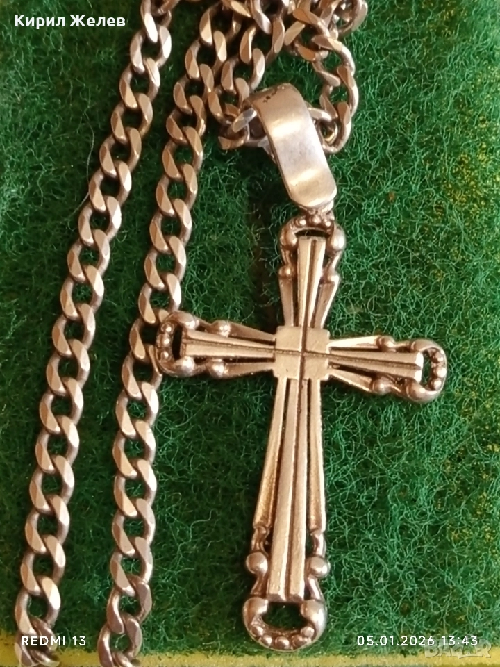 Сребърно колие с Кубинска плетка и масивен кръст с декоративен дизайн ювелирна изработка 31219, снимка 1