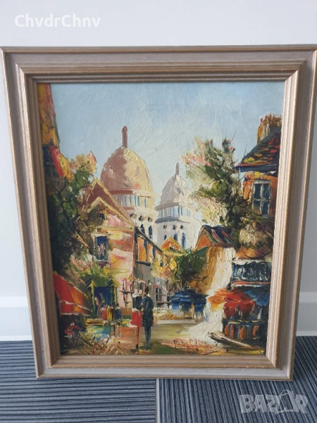 49х41см/малка стара картина масло върху платно/градски пейзаж-църква/дървена рамка, снимка 1