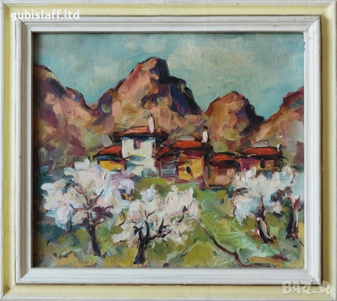 Стара картина, Пролетен пейзаж, къщи, 1990-те год., снимка 1