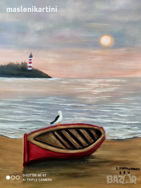 Морски пейзаж с чайка и лодка маслена картина , снимка 1