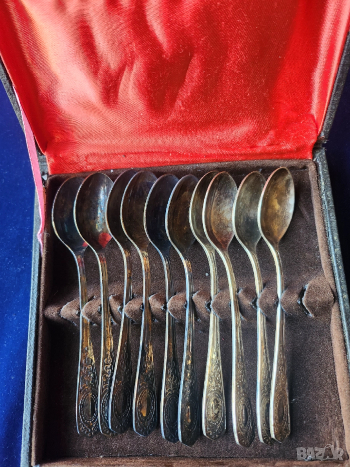 мелхиор лъжички за чай/кафе/сладко, красив мод. "Зеркало", к-т от 10 броя + захарница , от СССС, снимка 1