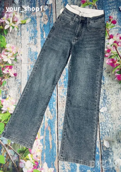 Дамски дънки Чарлстон с ефектен бял ластик при талията широк крачол  , снимка 1