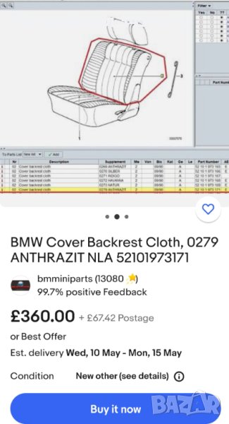 Тапицерия за облегалка на шофьорска седалка за БМВ Е34, снимка 1