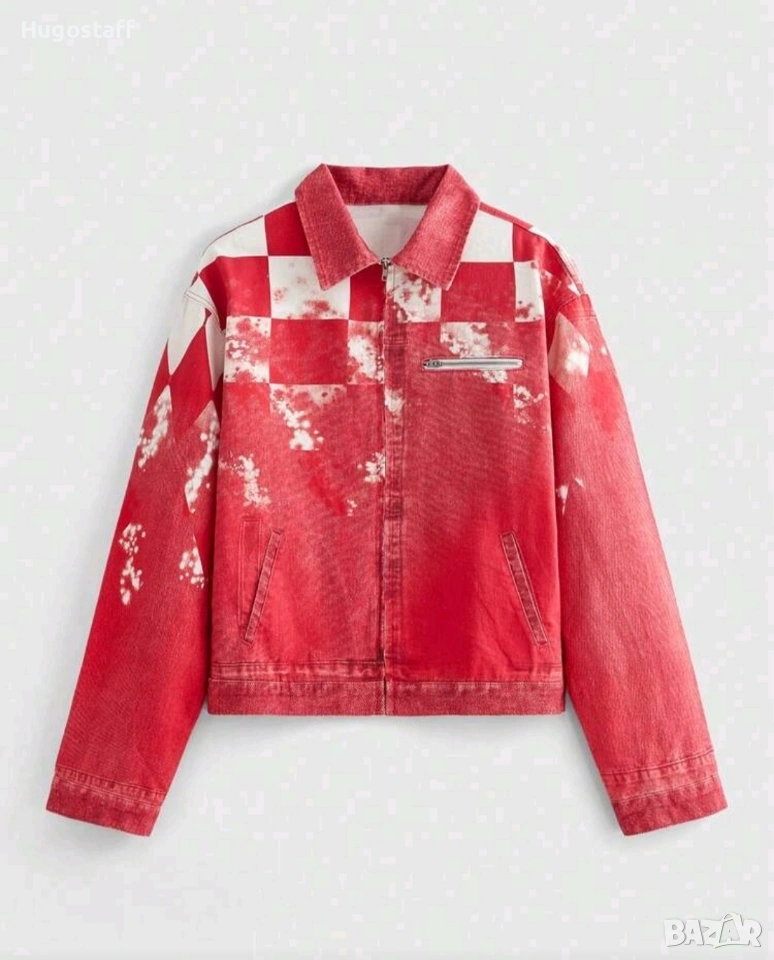 Ново мъжко дънково яке червено шах деним памук ХЛ, снимка 1