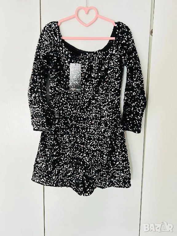 Разпродажба Елегантен официален парти гащеризон с пайети пайетен кадифе къс крачол дълъг ръкав, снимка 1