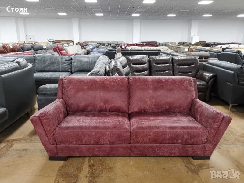 Червен кожен диван тройка - 100 % естествена кожа телешки бокс, снимка 1