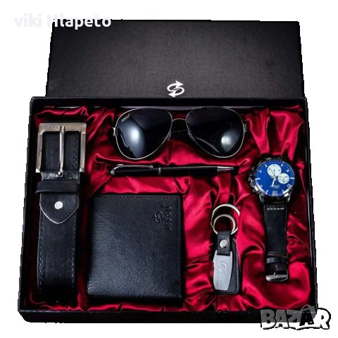 Подарък Бизнес Луксозен фирмен мъжки комплект 6 в 1 +Часовник Очила Химикалка Ключодържател Колан