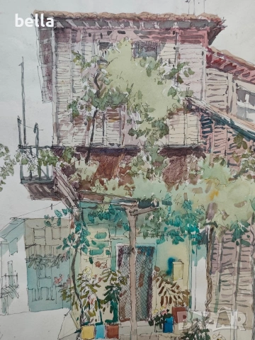 Стар  акварел с паспарту ,смесена техника на Вл.Мански само акварела е с размери 38/45 см., снимка 4 - Антикварни и старинни предмети - 53677297