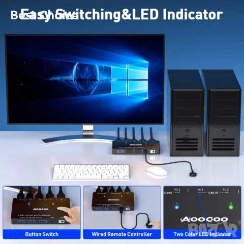 KVM превключвател (switch) AOOCOO 2 Port HD, снимка 11 - Кабели и адаптери - 52715238