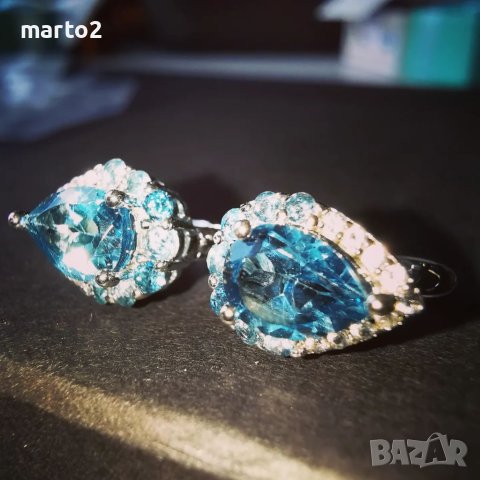 Сребърни 925 Обеци с Родиево покритие и Натурални London Blue Топази и Циркони!!!, снимка 7 - Обеци - 41318714