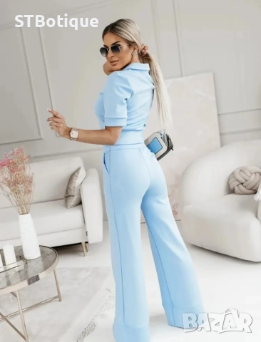 💙 Син дамски комплект в стил Панама – поло горнище + широк панталон | STBoutique ✨, снимка 2 - Комплекти - 52179748