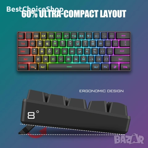Комплект безжична геймърска клавиатура и мишка RedThunder K62, 60%, презареждаща се, многоцветна, снимка 8 - Клавиатури и мишки - 53517824
