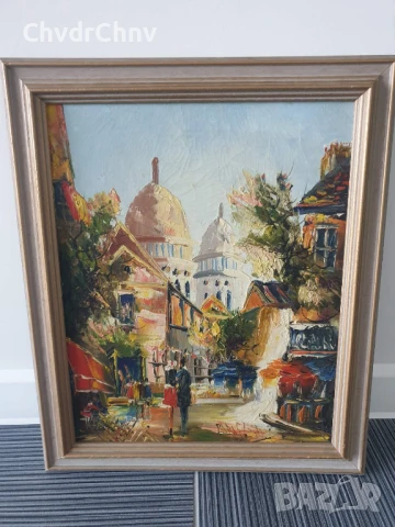 49х41см/малка стара картина масло върху платно/градски пейзаж-църква/дървена рамка