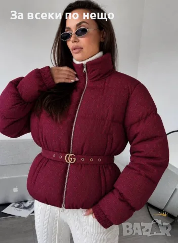 Gucci Дамско Зимно Яке в Цвят Бордо с Колан и Монограм Код SK2150