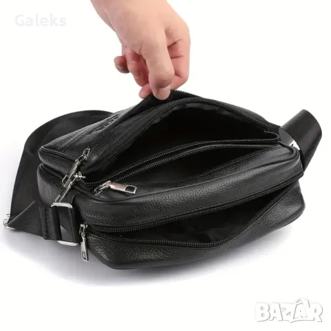 Дизайнерска, Мъжка правоъгълна кожена чантичка за през рамо /Черна естест.кожа!, снимка 9 - Чанти - 50356143