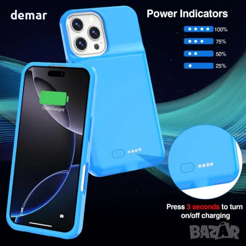 Калъф с батерия за iPhone 16 Pro Max, 15W 8500mAh (6.9 инча) син, снимка 6 - Калъфи, кейсове - 48489780