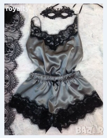 Елегантна дамска пижама – топ, къси панталонки и сатениран аксесоар, снимка 12 - Нощници - 52198314