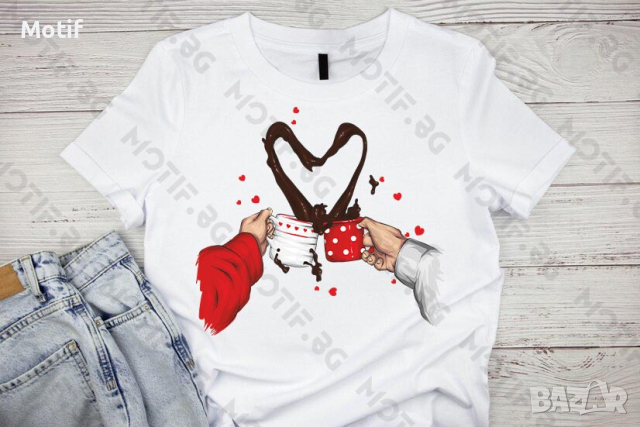 Дамска тениска с цветна щампа Motif МОДА / Свети Валентин / Чаша кафе и сърце / Мъж и жена / лято